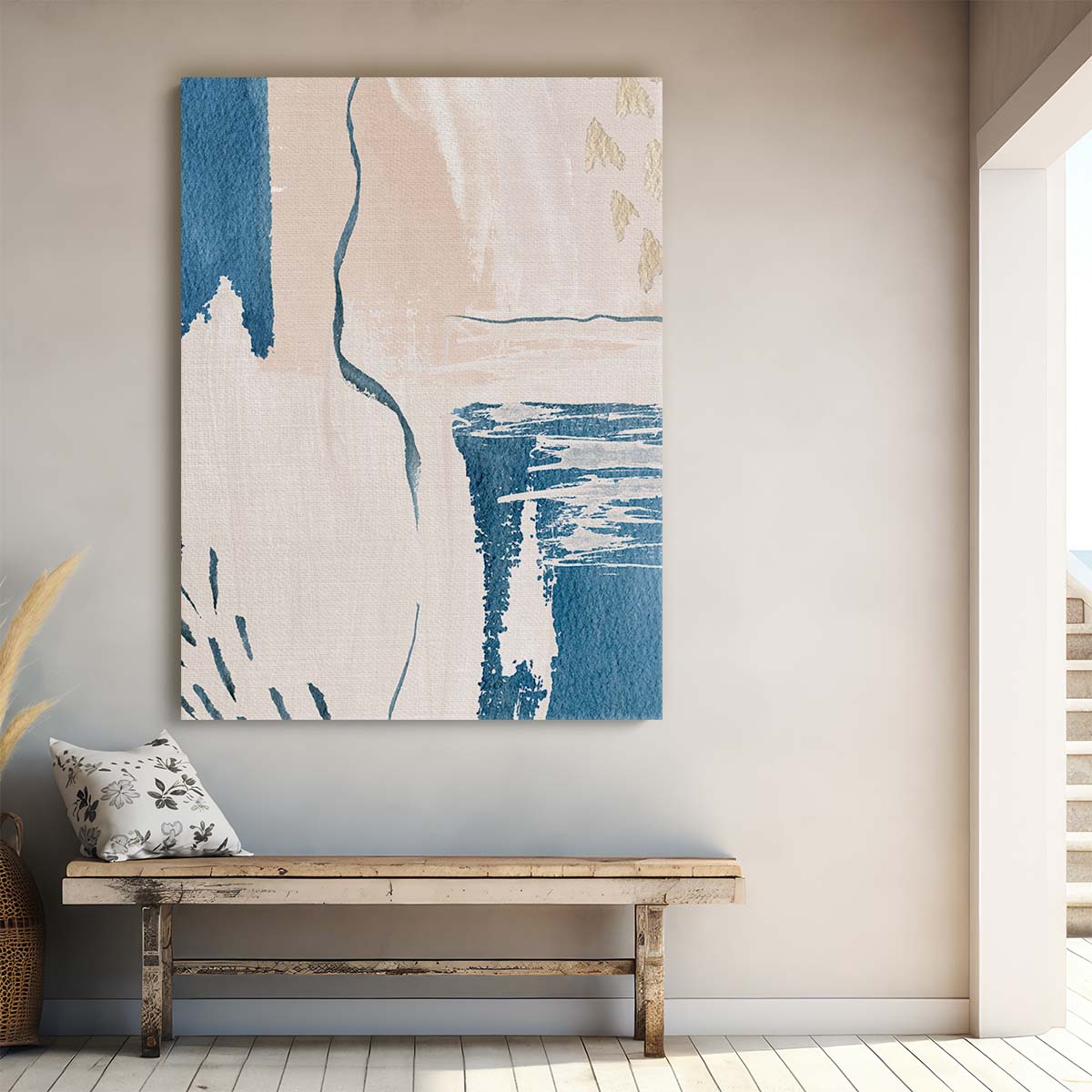 Modern Minimalist Blue & Beige Abstract Acrylic Wall Art Illustration by Luxuriance Designs, made in USA