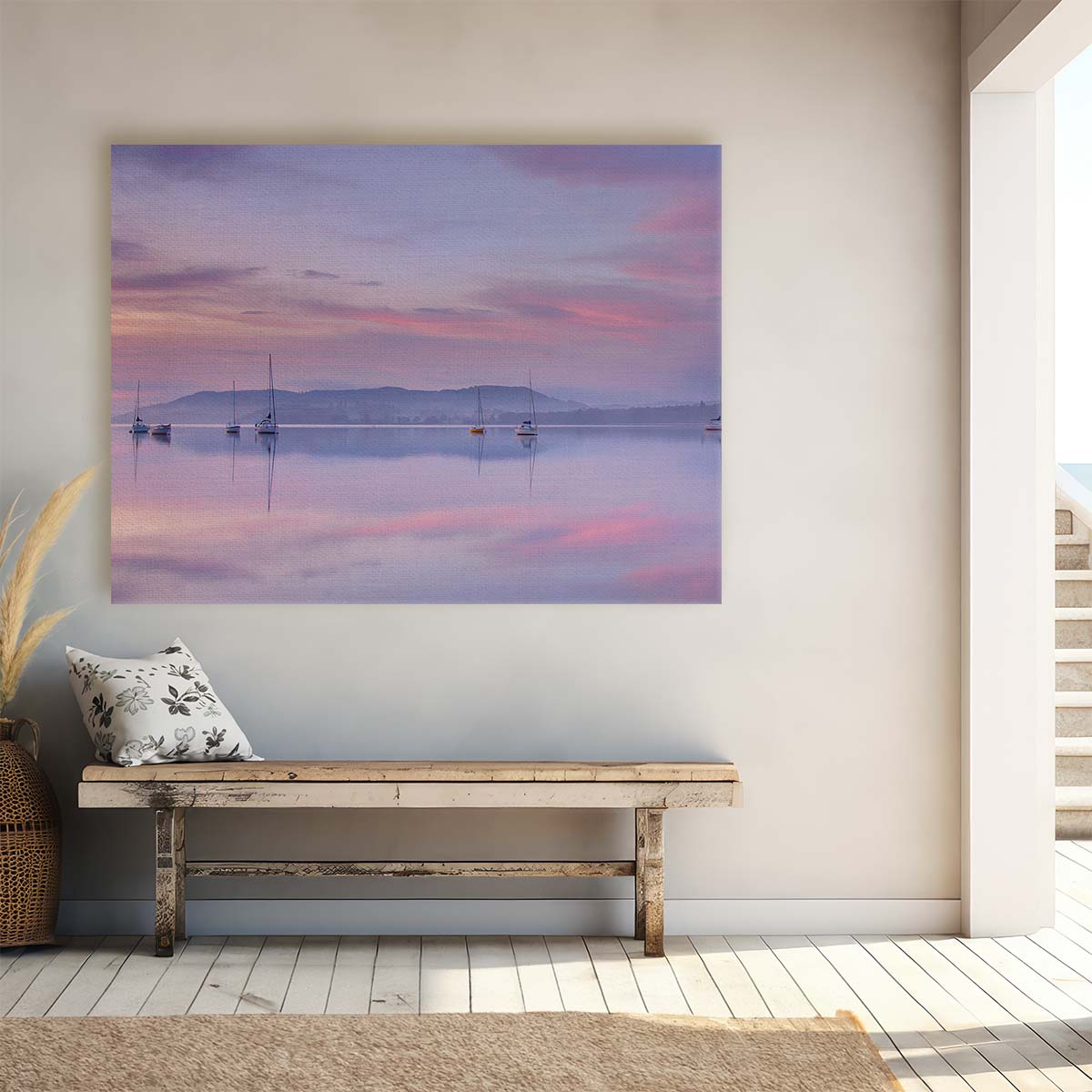 Serene Dawn Seascape Pastel Sailboats Wall Art by Luxuriance Designs. Made in USA.