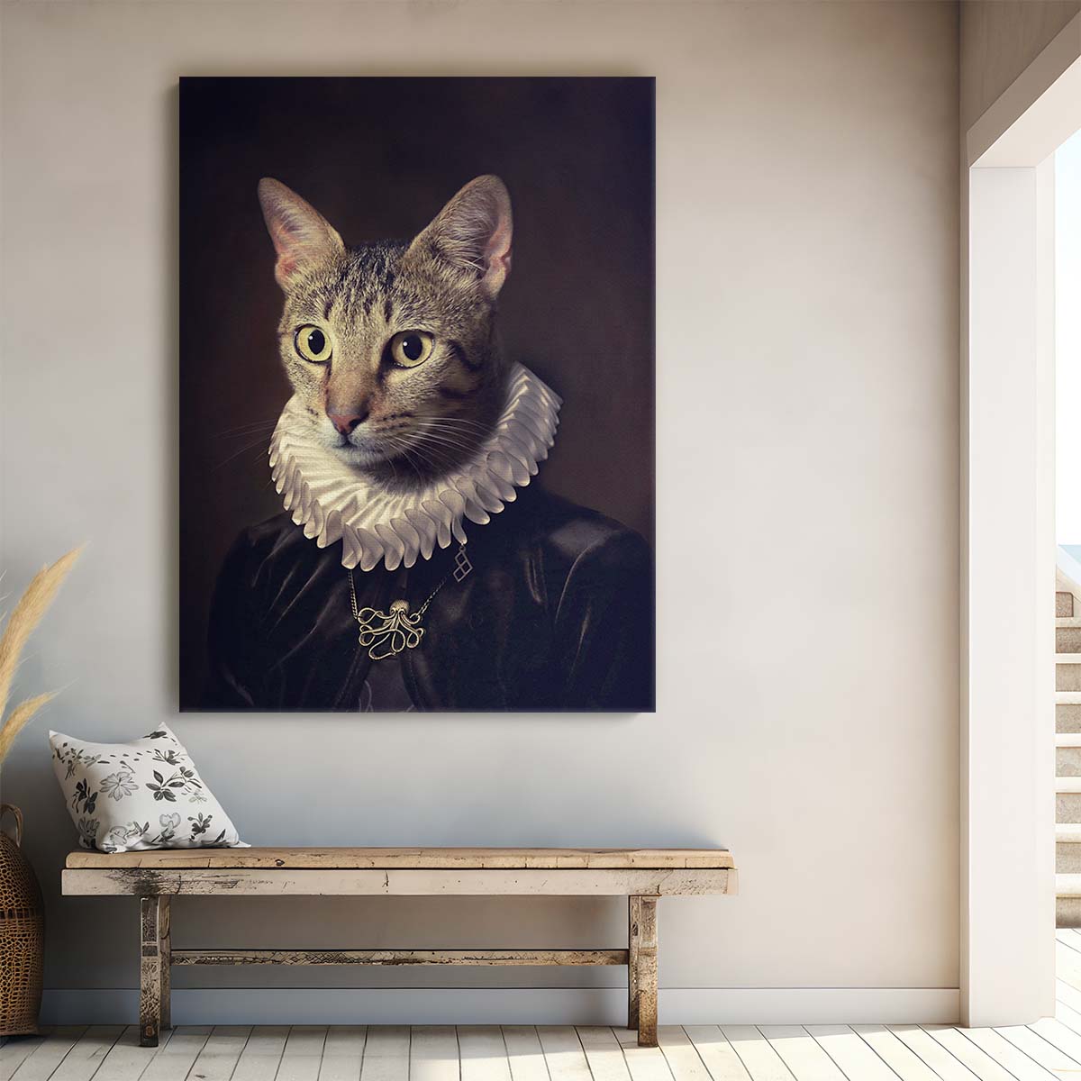 Vintage Renaissance Cat Portrait Photography, Animal Face with Necklace by Luxuriance Designs, made in USA