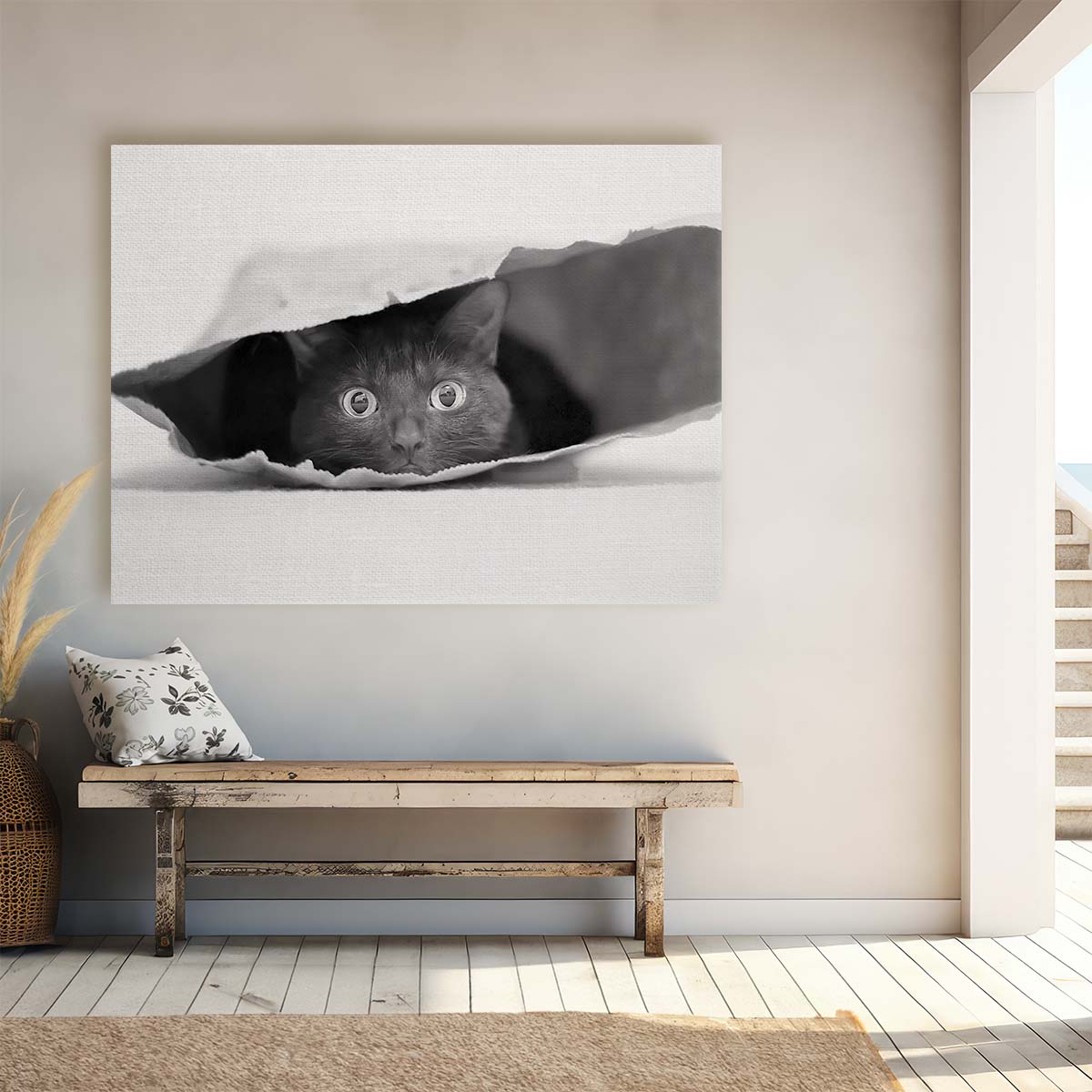 Curious Cat in Shopping Bag Humor Monochrome Wall Art by Luxuriance Designs. Made in USA.