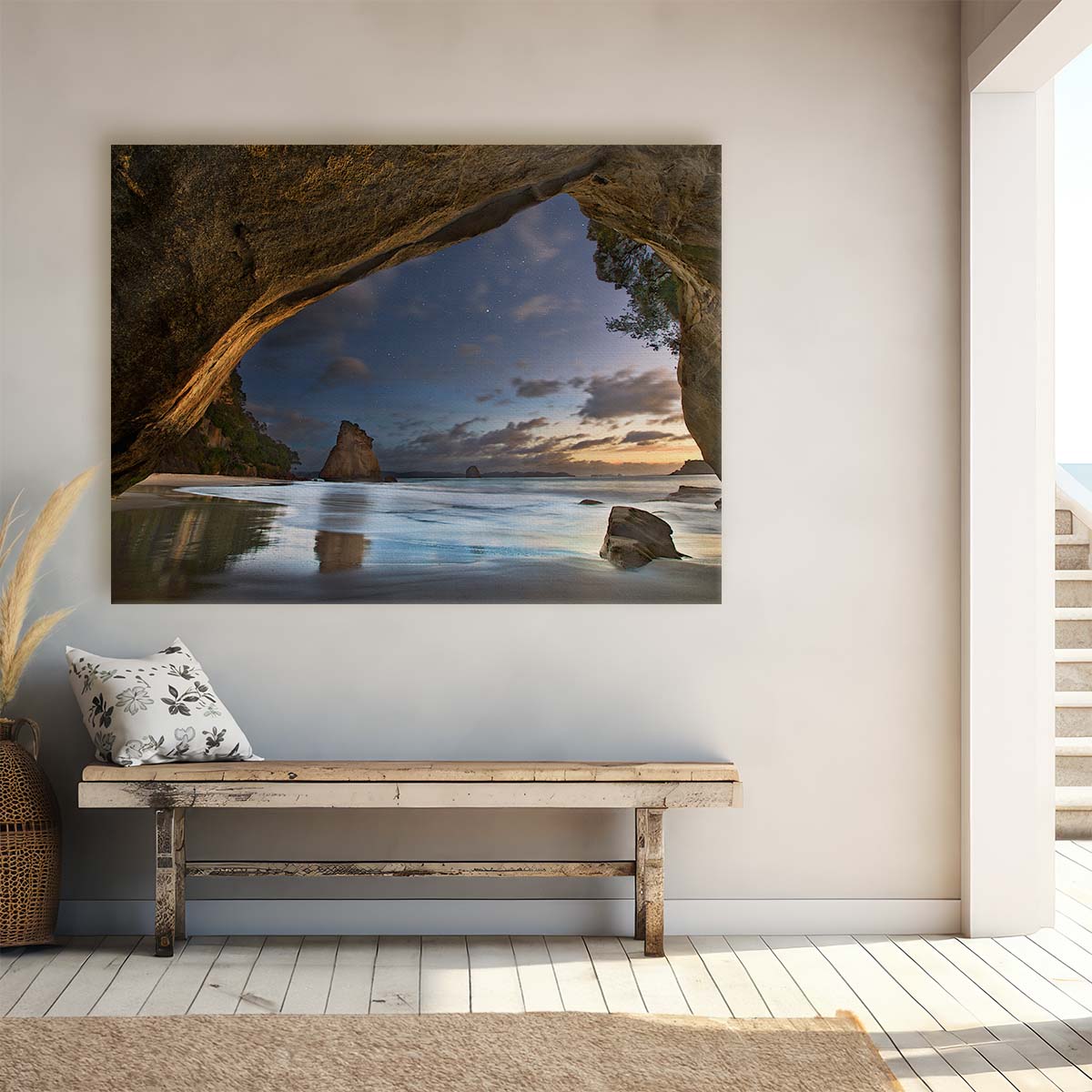 New Zealand Cathedral Cove Sunset Seascape Wall Art by Luxuriance Designs. Made in USA.