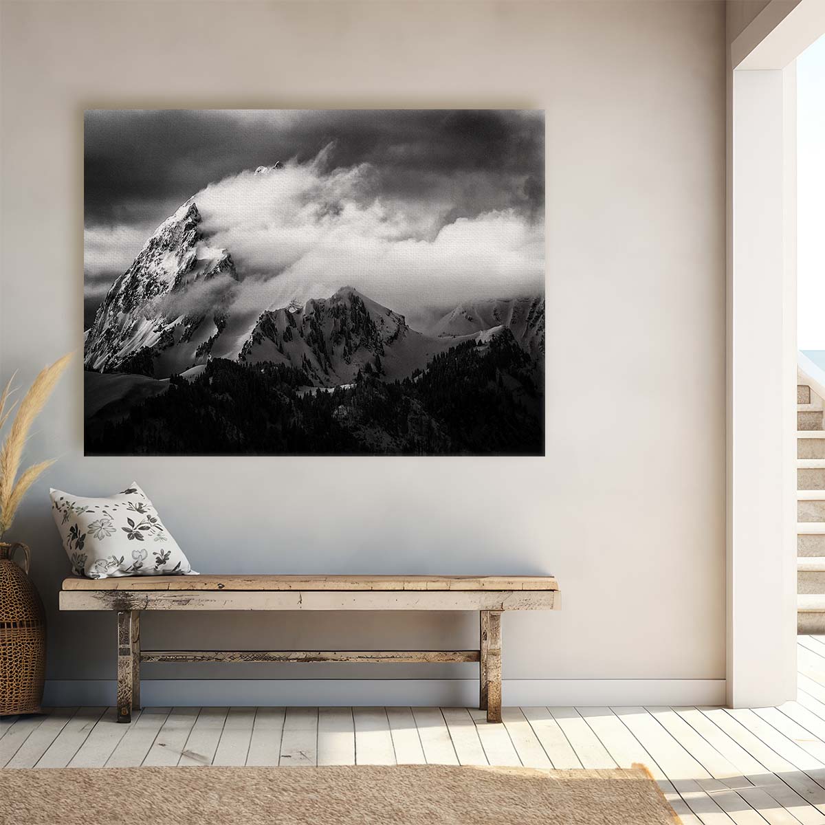 Monochrome Mountain Summit Cloudy Sky Landscape Photography Wall Art