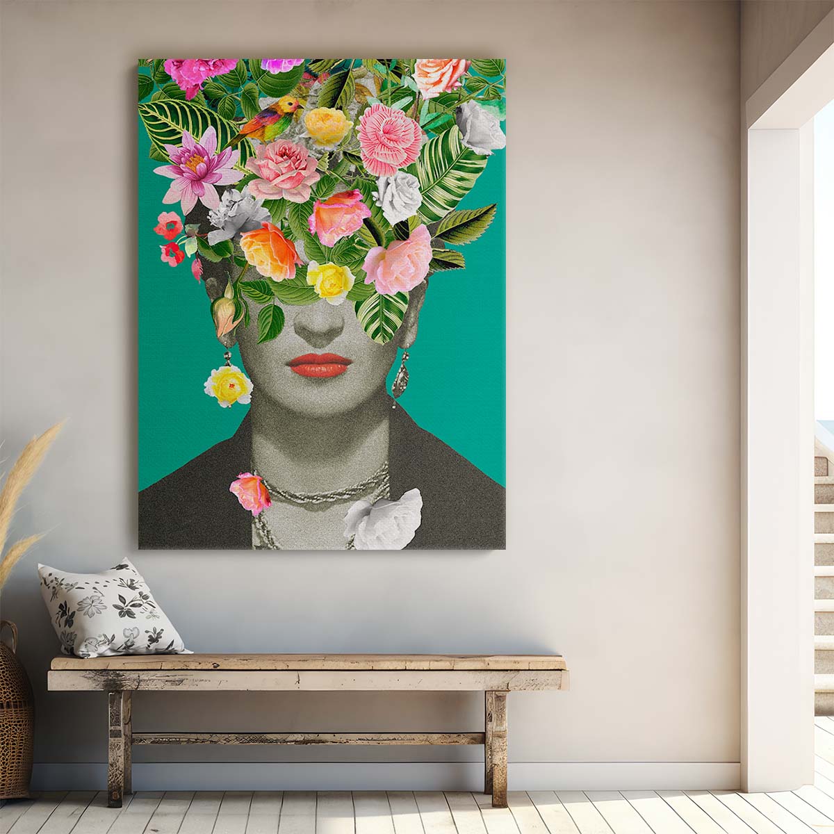 Frida Kahlo Inspired Colorful Floral Bird Woman Portrait Photography by Luxuriance Designs, made in USA