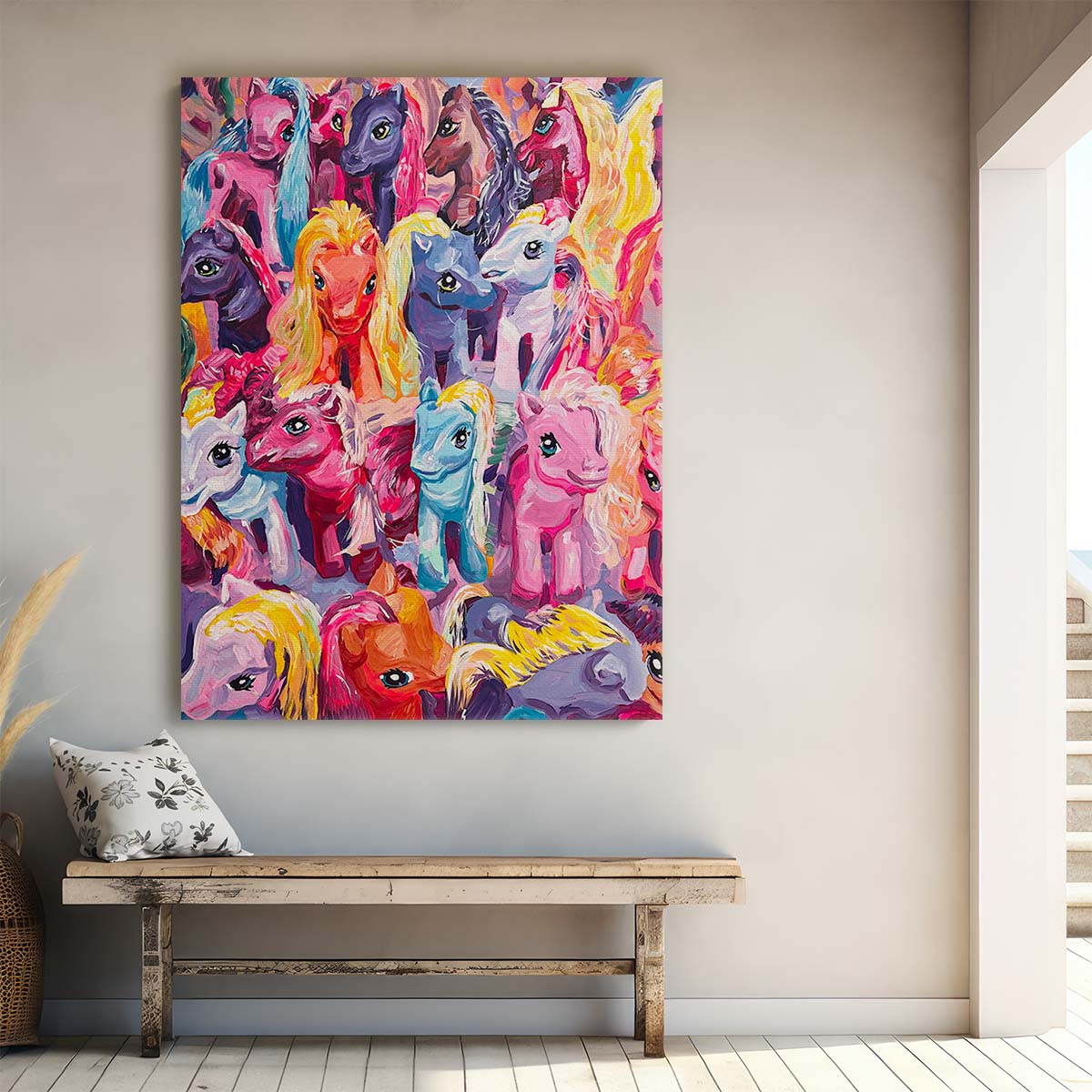 Colorful Ponies Illustration Nostalgic 90s Kids' Playroom Wall Art by Luxuriance Designs, made in USA