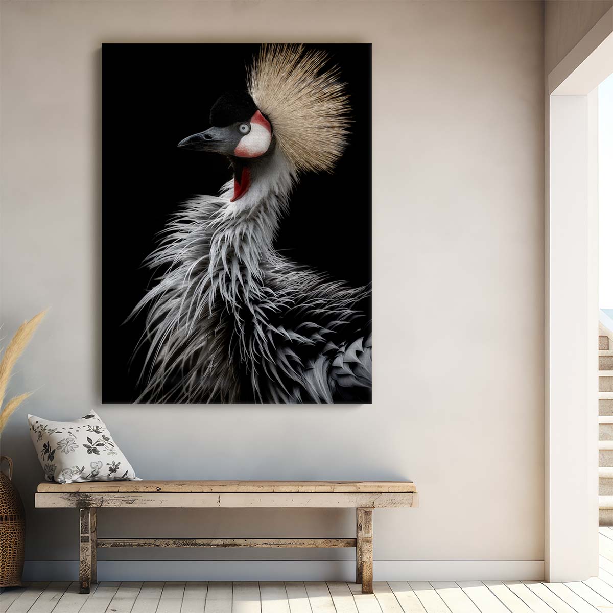 Minimalist Monochrome Crowned Crane Bird Photography Wall Art by Luxuriance Designs, made in USA