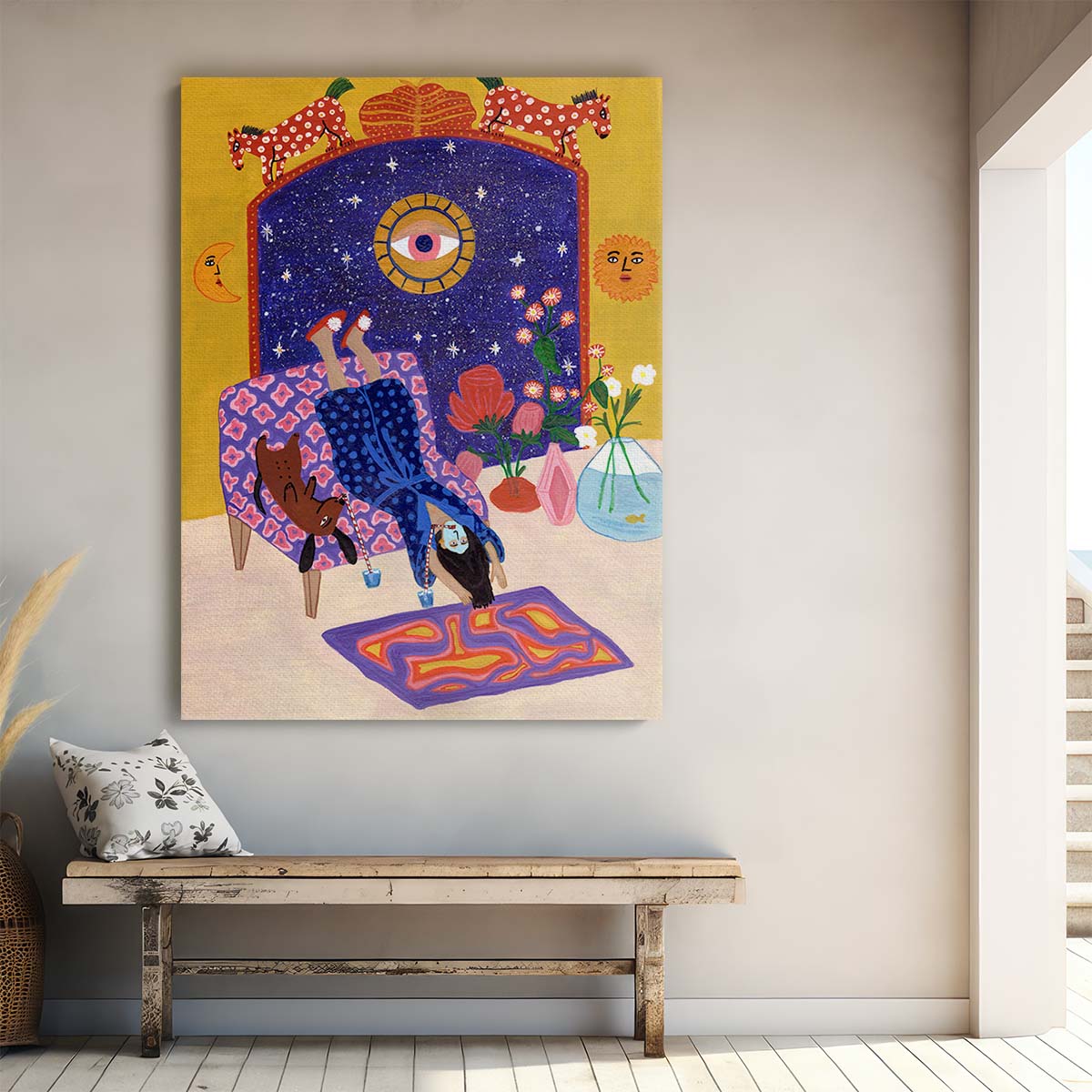 Colorful Relaxing Woman & Pets Illustration Wall Art by Luxuriance Designs, made in USA