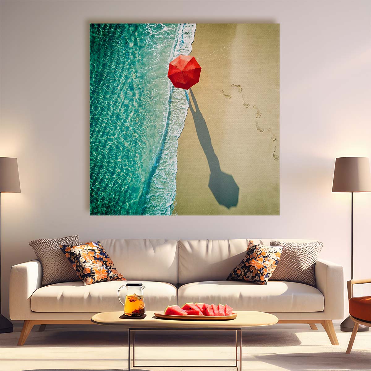 Paradise Coastal Seascape Photography Featuring Red Umbrella Wall Art by Luxuriance Designs. Made in USA.