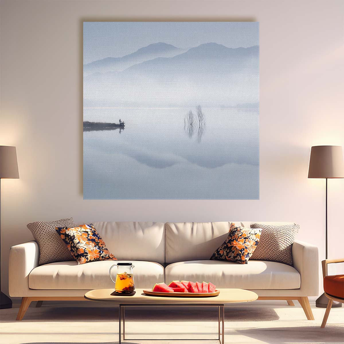 Serene Misty Lake Fishing Pastel Landscape Photography Wall Art by Luxuriance Designs. Made in USA.