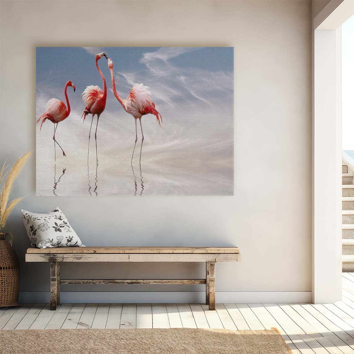 Romantic Flamingo Sunset Embrace Wall Art by Luxuriance Designs. Made in USA.