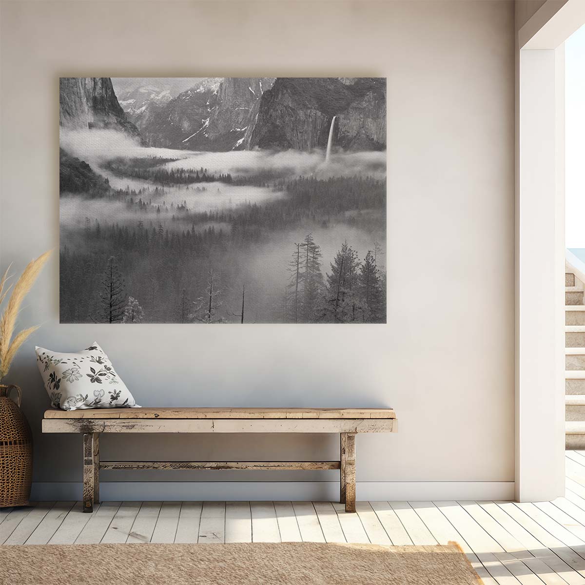 Yosemite Valley Foggy Forest Waterfall Monochrome Wall Art by Luxuriance Designs. Made in USA.