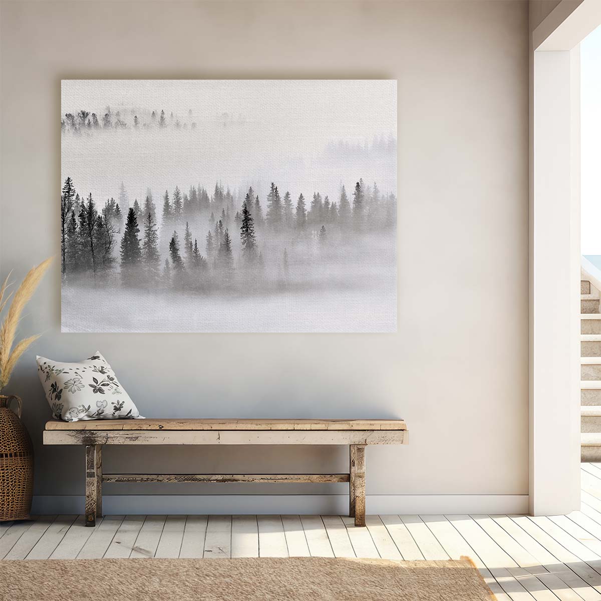 Dreamy Foggy Pine Forest Panorama in Monochrome Wall Art