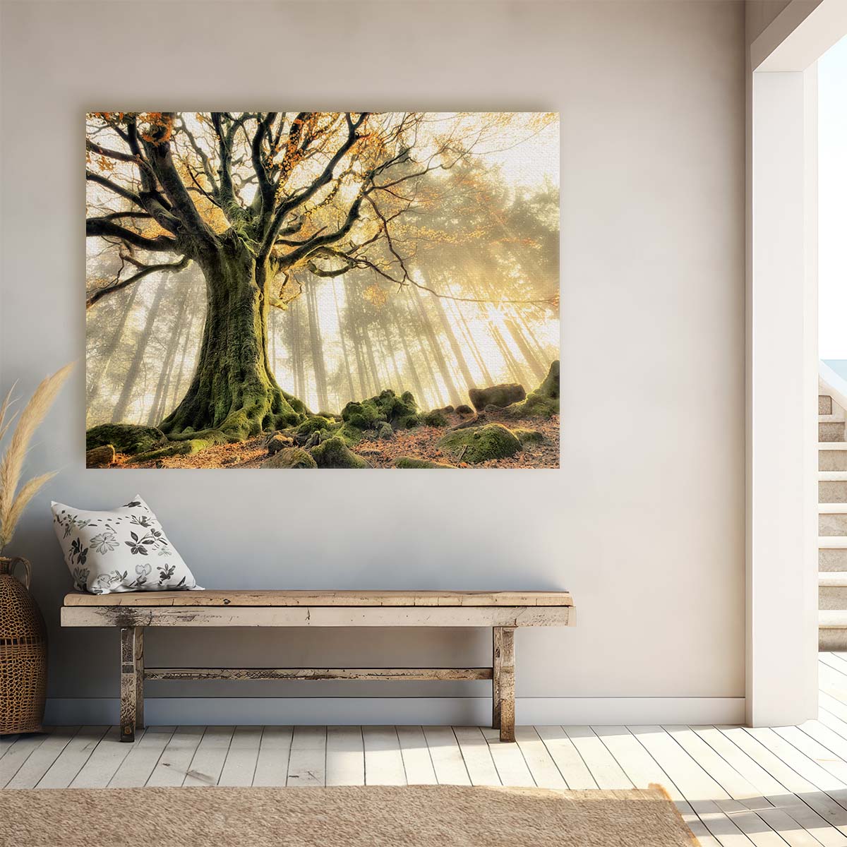 Golden Autumn Sunrise Forest Fantasy Wall Art by Luxuriance Designs. Made in USA.