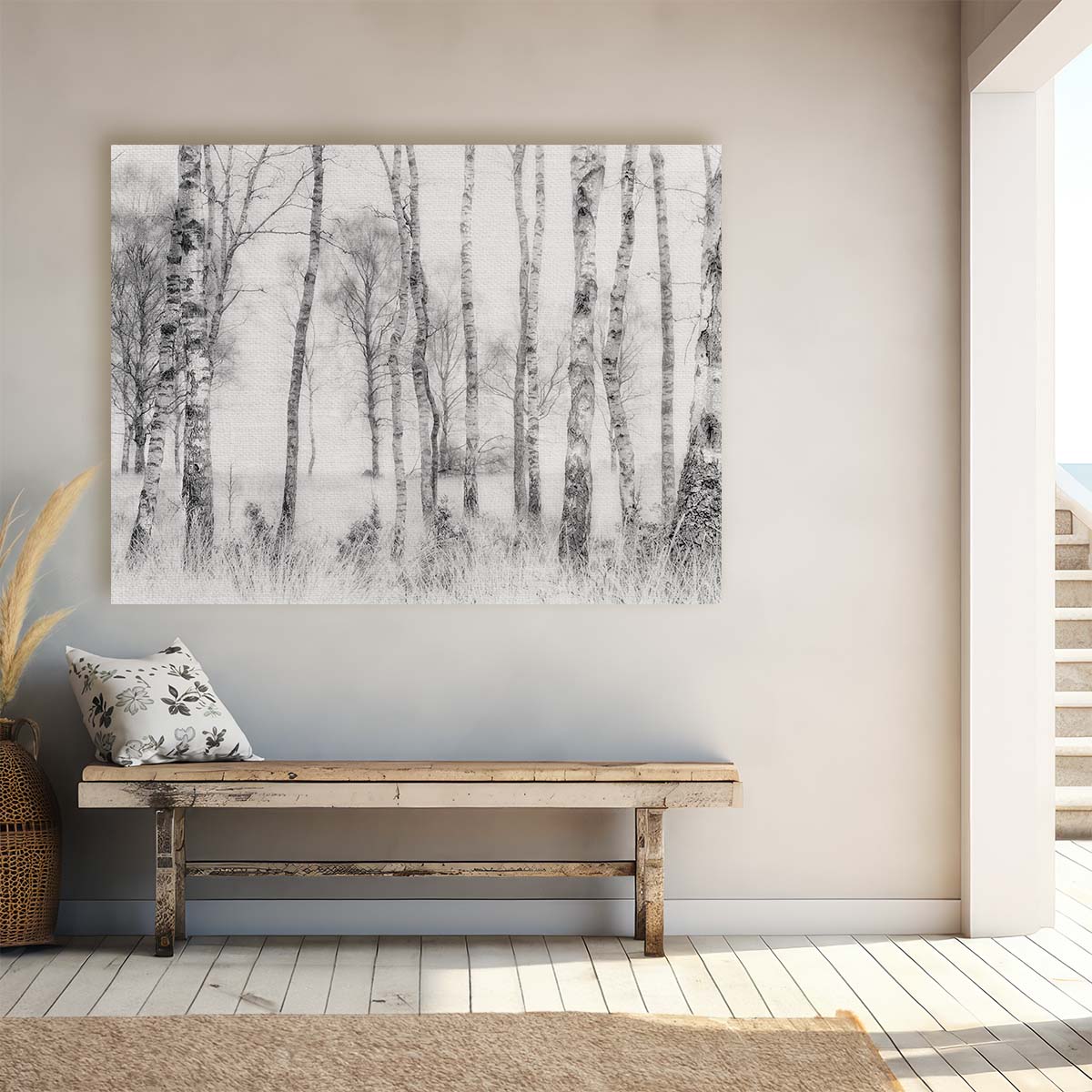 Misty Birch Forest Landscape Black & White Photography Wall Art