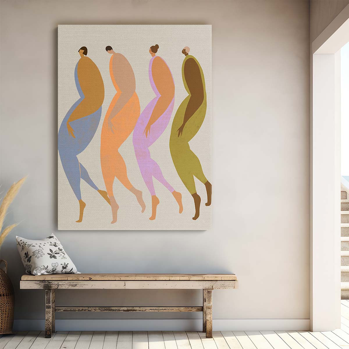 Colorful Boho Illustration of Four Diverse Women Walking, Figurative Wall Art by Luxuriance Designs, made in USA