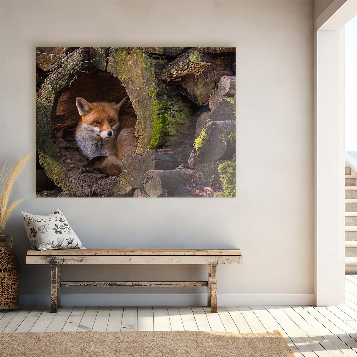 Cozy Autumn Fox Den in Hollow Log Wall Art by Luxuriance Designs. Made in USA.