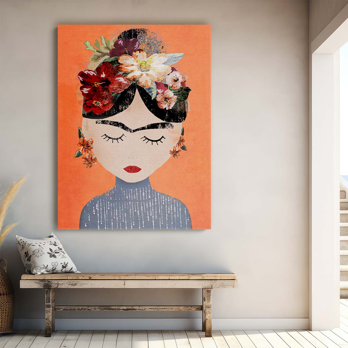 Frida Kahlo Colorful Portrait Illustration with Floral Wreath by Luxuriance Designs, made in USA