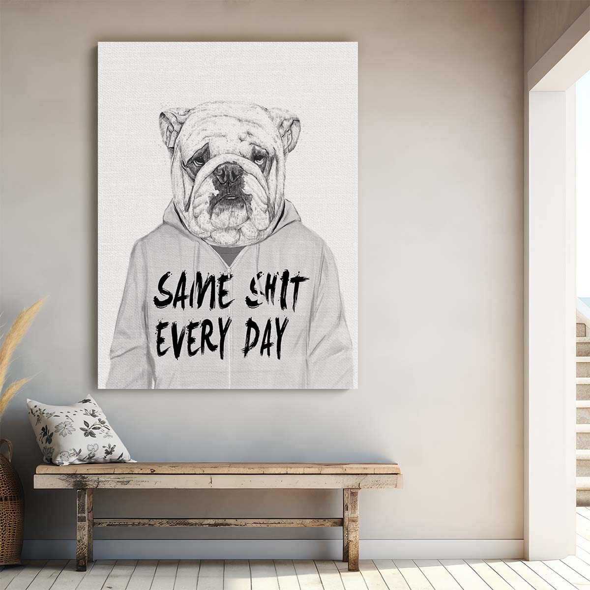 Bulldog in Hoodie Illustrated Wall Art, Monochrome Pet Portrait by Luxuriance Designs, made in USA