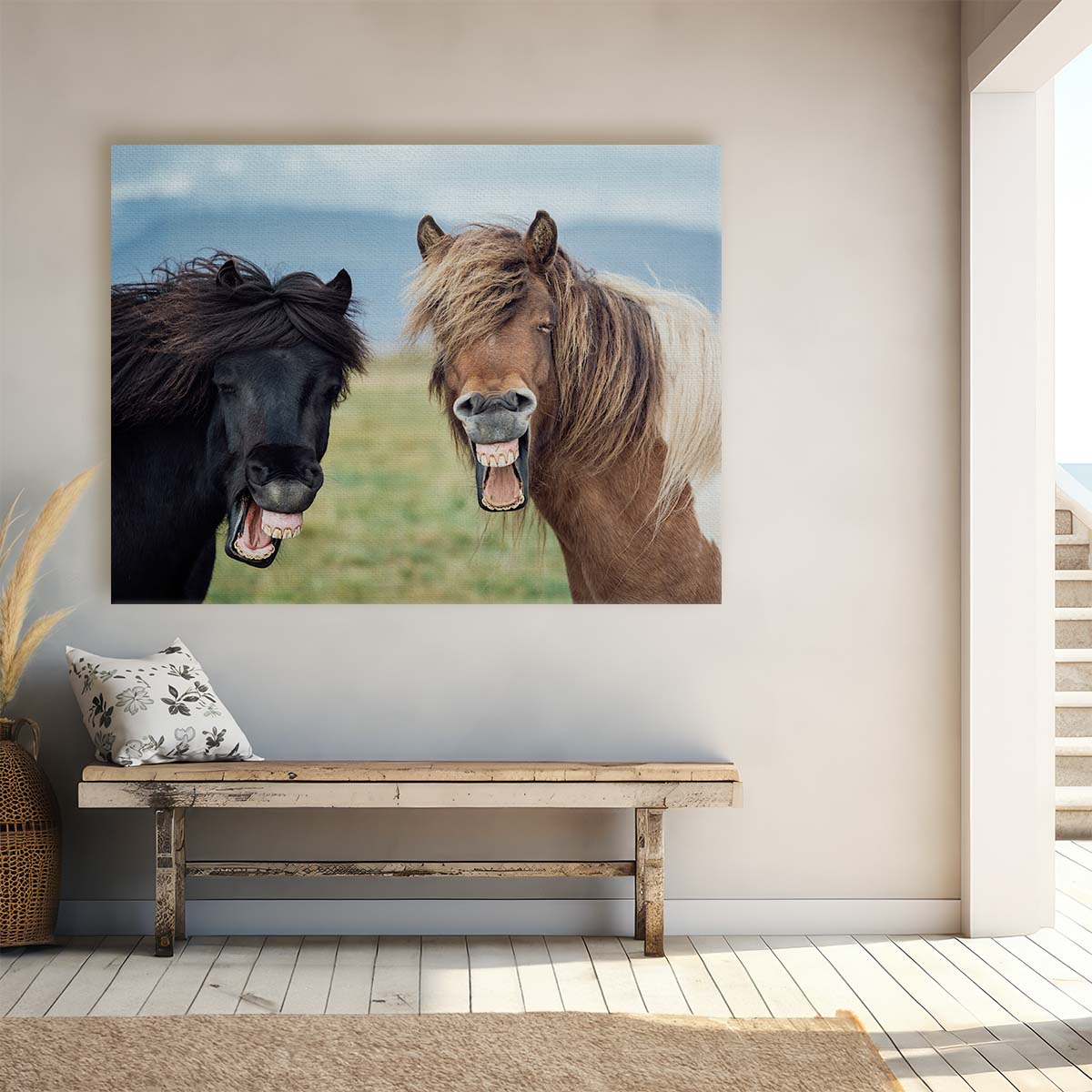 Joyful Smiling Horses in Sunny Countryside Wall Art by Luxuriance Designs. Made in USA.