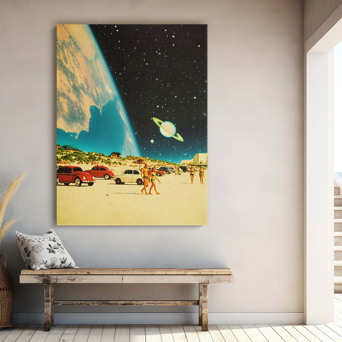 Contemporary Surreal Galaxy Beach Collage Art, Retro Futuristic Space Illustration by Luxuriance Designs, made in USA