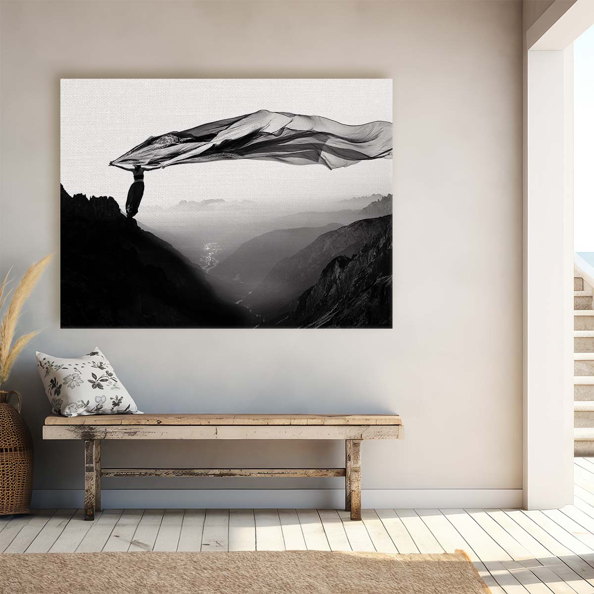 Monochrome Girl Conquering Windy Mountain Landscape Wall Art by Luxuriance Designs. Made in USA.