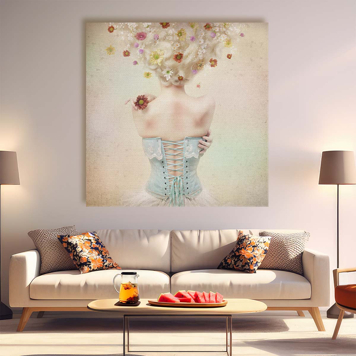 Classic Corseted Woman in Spring Floral Garden Portrait Wall Art by Luxuriance Designs. Made in USA.
