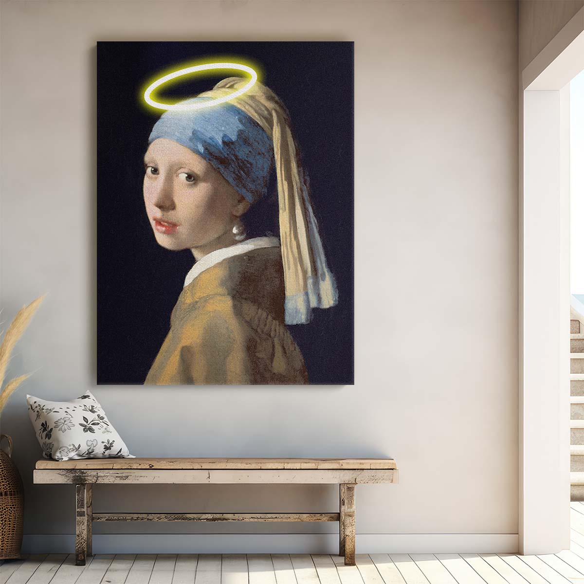 Illustrated Vermeer's Girl with Pearl Earring & Halo Digital Art by Luxuriance Designs, made in USA
