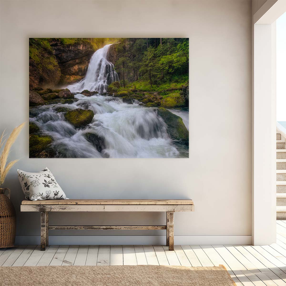 Majestic Golling Waterfall Forest Landscape Wall Art by Luxuriance Designs. Made in USA.