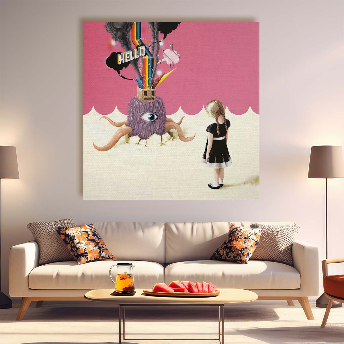 Surreal Colorful Illustration of Little Girl & Monster Wall Art by Luxuriance Designs. Made in USA.