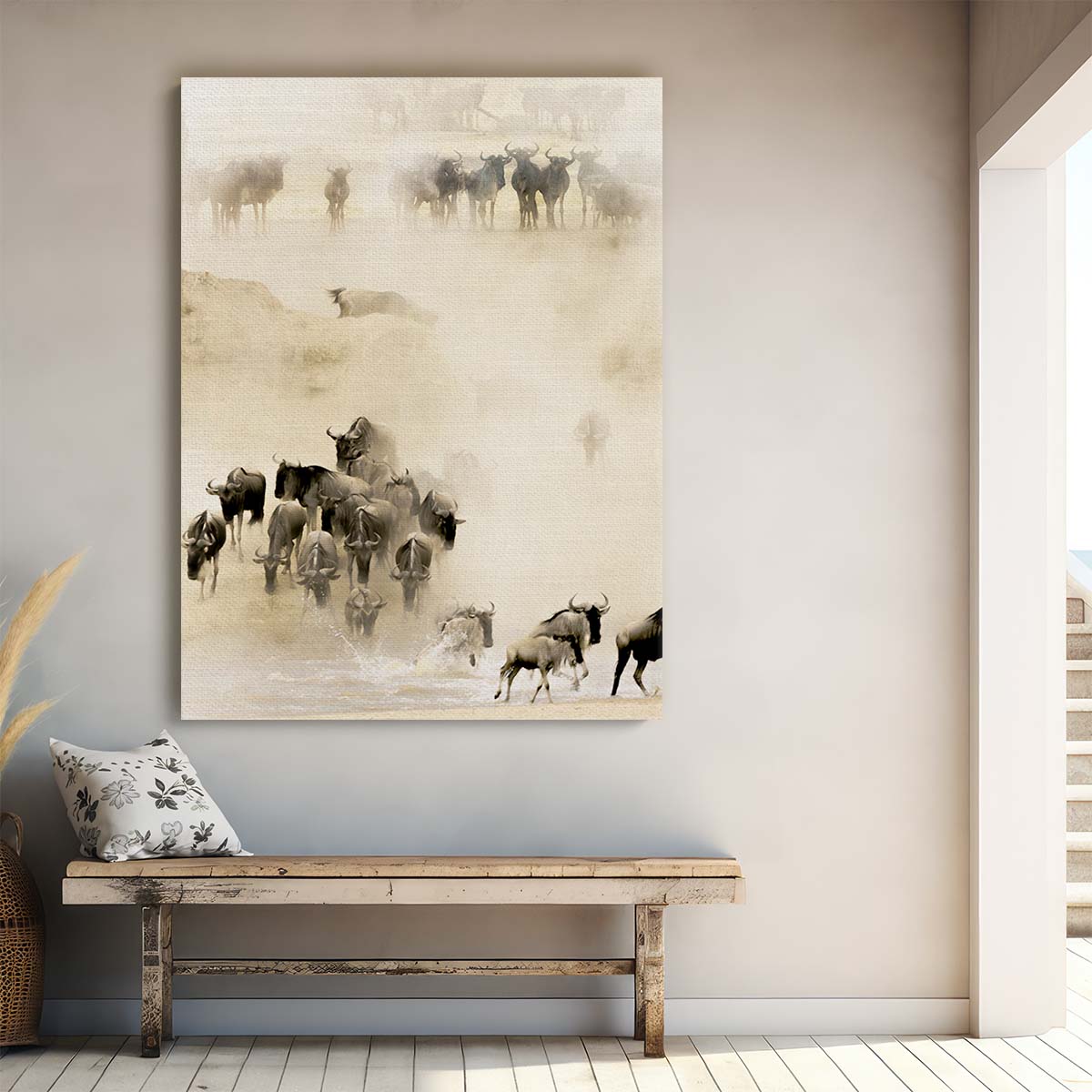 Serengeti Wildebeest Migration Photography, Sepia-toned African Wildlife Art by Luxuriance Designs, made in USA