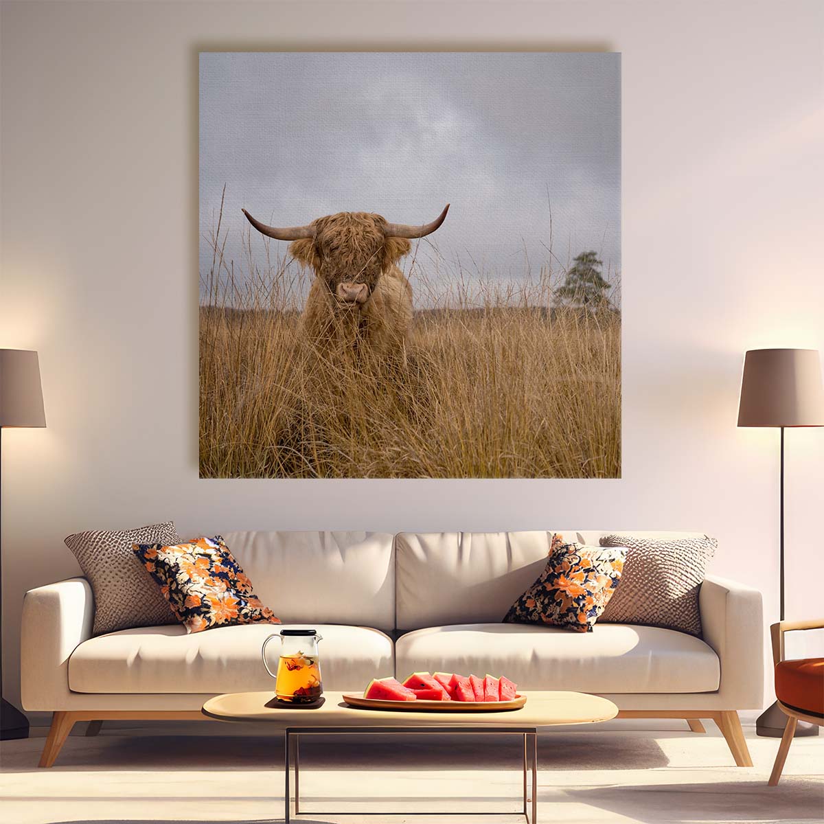 Rustic Farmhouse Highland Cow Landscape Photography Wall Art by Luxuriance Designs. Made in USA.