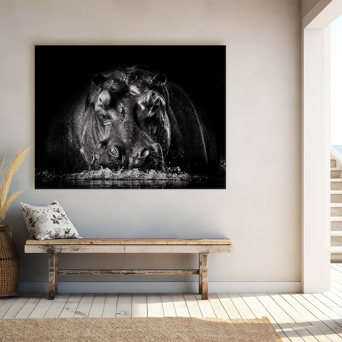 Dramatic Charging Hippo Savannah Scene Wall Art by Luxuriance Designs. Made in USA.