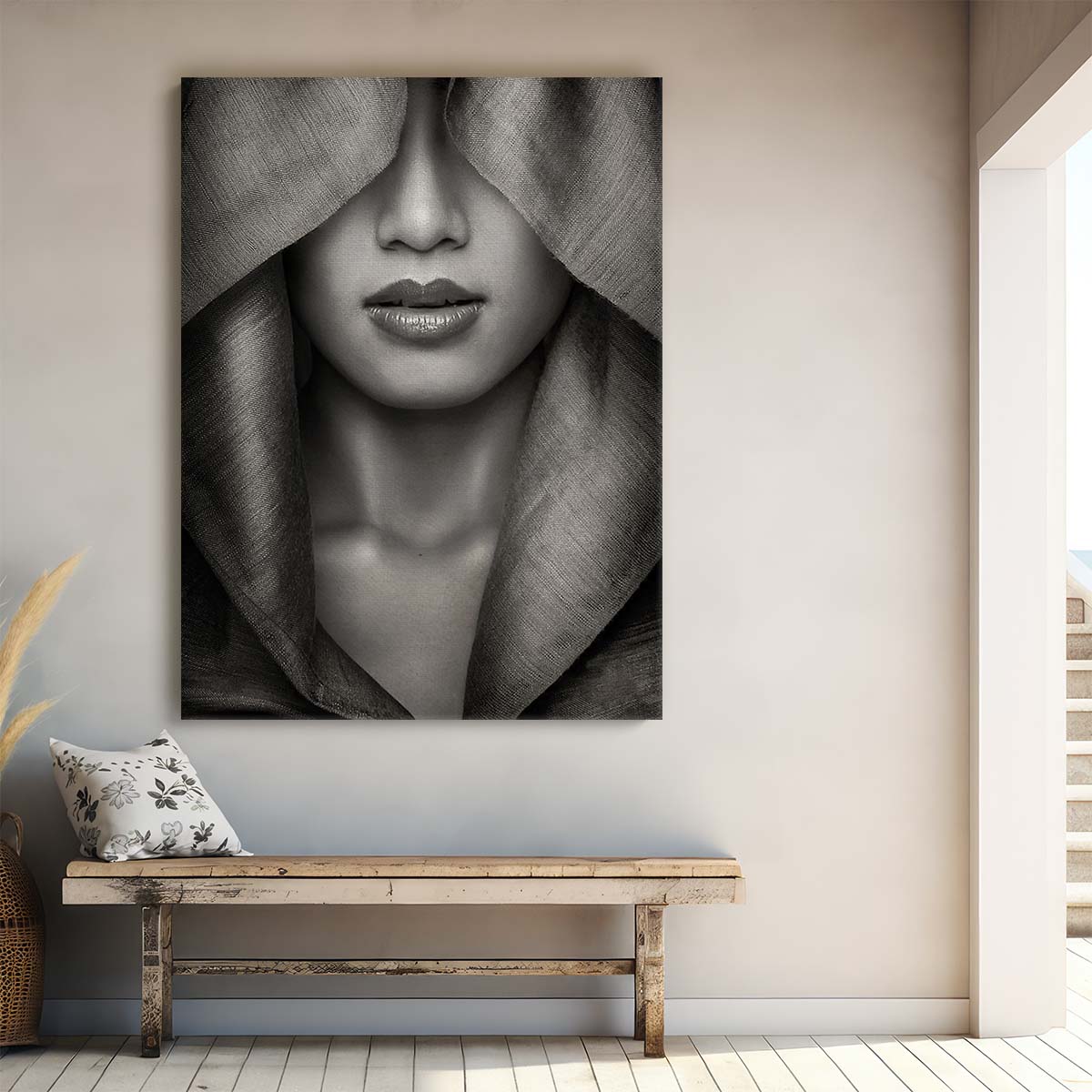 Monochrome Hooded Woman Portrait Photography Wall Art by Luxuriance Designs, made in USA