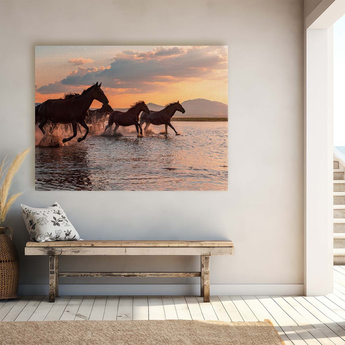 Wild Horses Galloping at Sunset Beach Photography Wall Art