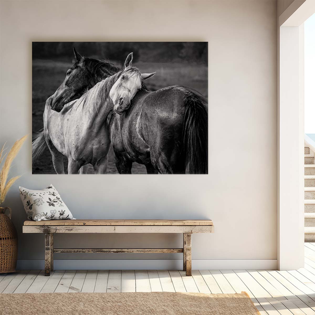 Embracing Horses in Rain Monochrome Equestrian Love Photography Wall Art