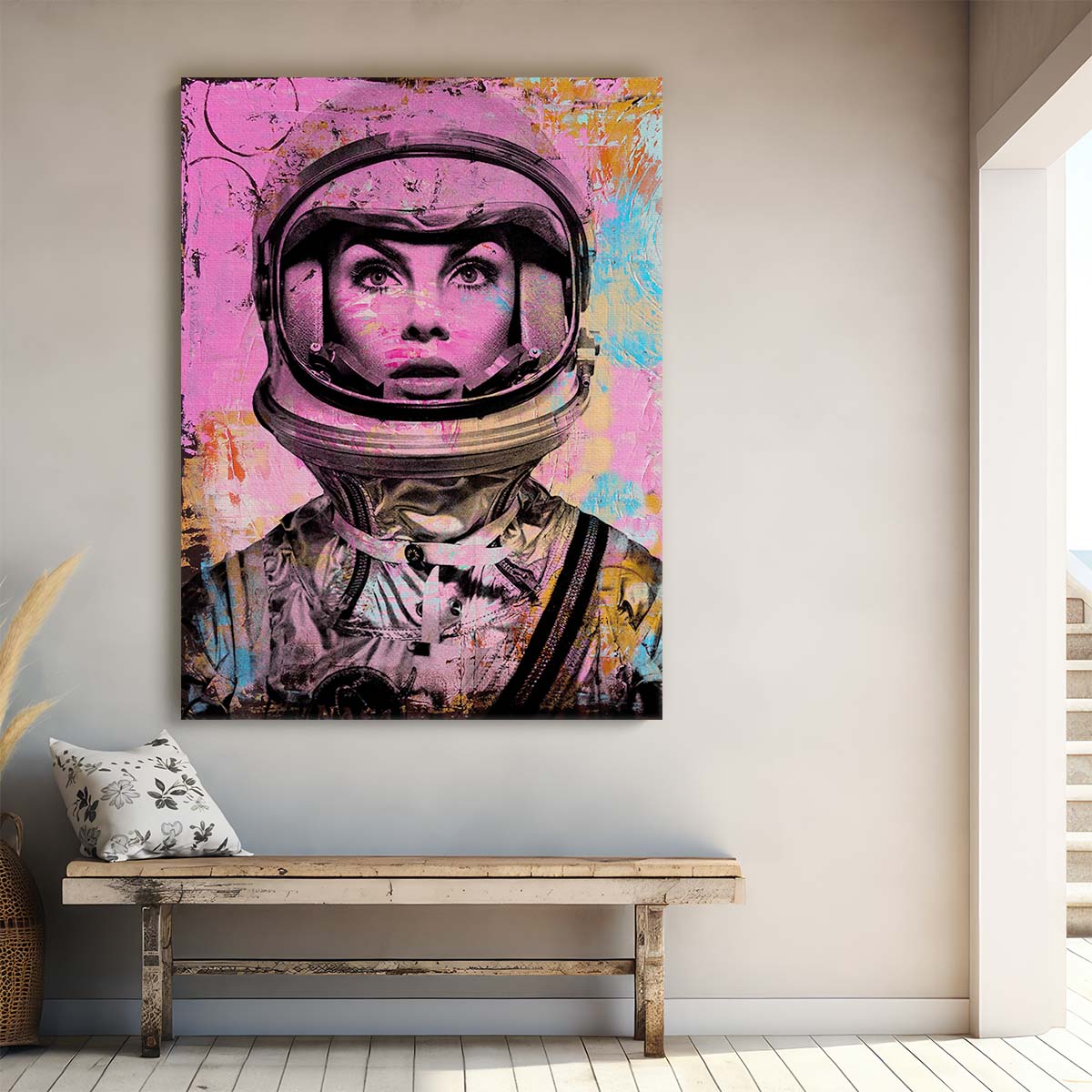 Jeannie Shrimpton Girl Astronaut 60s Space Age Circles Graffiti Wall Art by Luxuriance Designs. Made in USA.