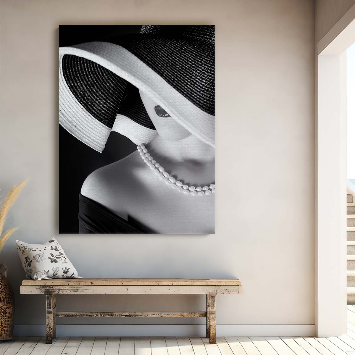 Sensual Monochrome Fashion Portrait of Woman with Pearls & Hat Photography by Luxuriance Designs, made in USA