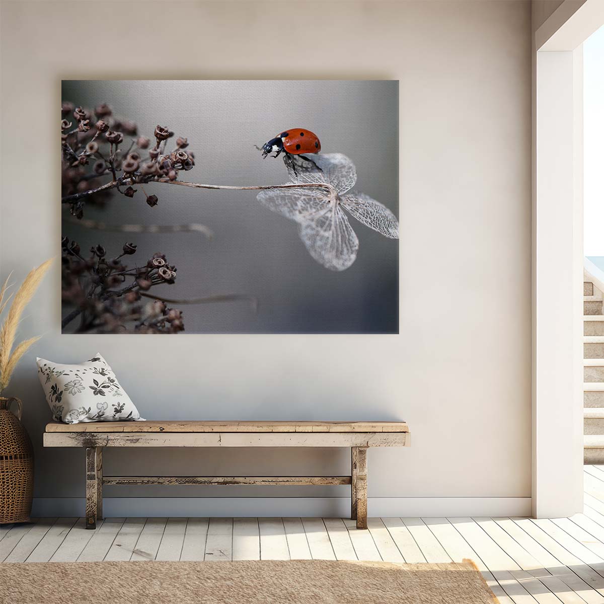 Macro Close-Up Ladybug Reaching on Autumn Hydrangea Wall Art