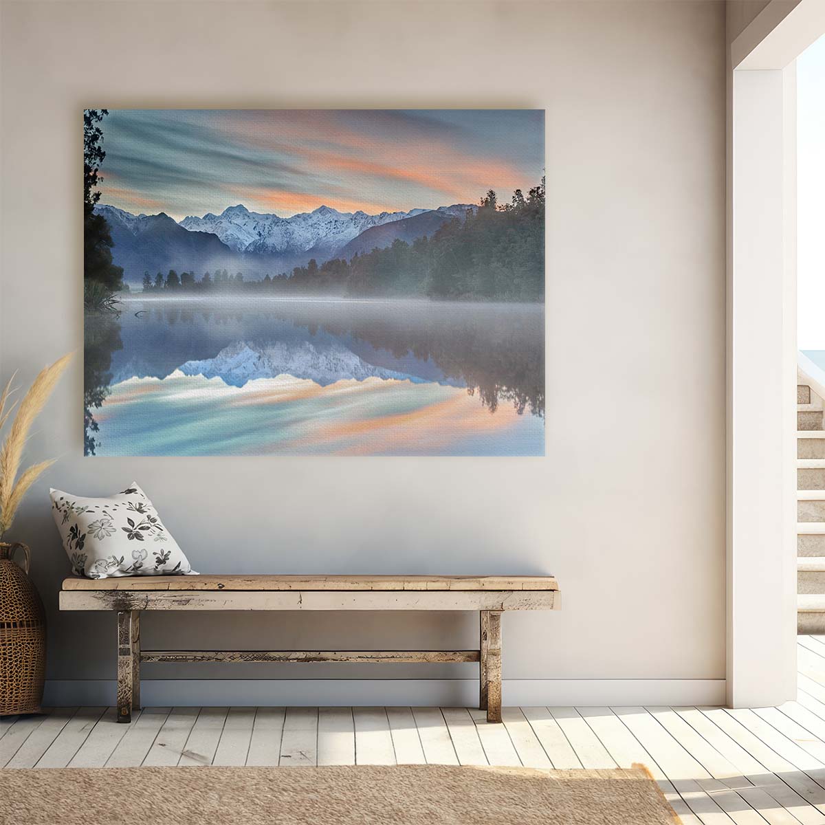 Serene Lake Matheson Reflection Sunrise Wall Art by Luxuriance Designs. Made in USA.