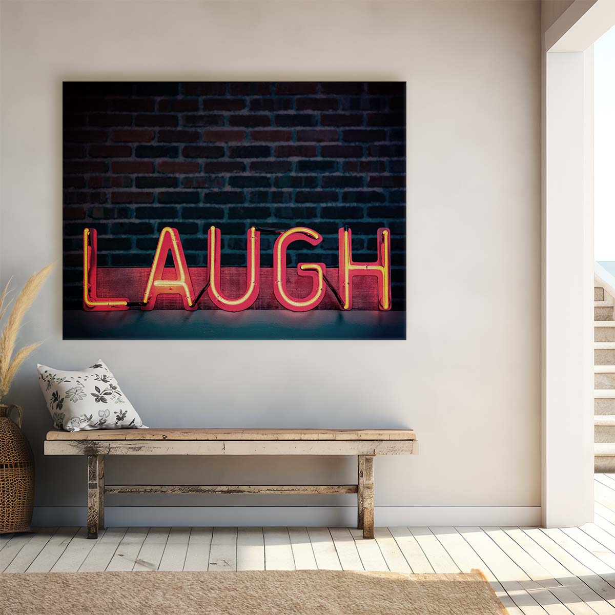 Red Laugh Typography Neon Sign Brick Wall Art by Luxuriance Designs. Made in USA.