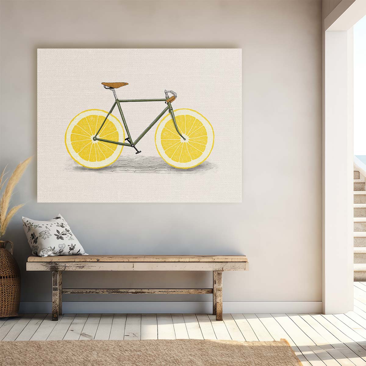 Colorful Lemon Bicycle Illustration Citrus Cycle Art Wall Art