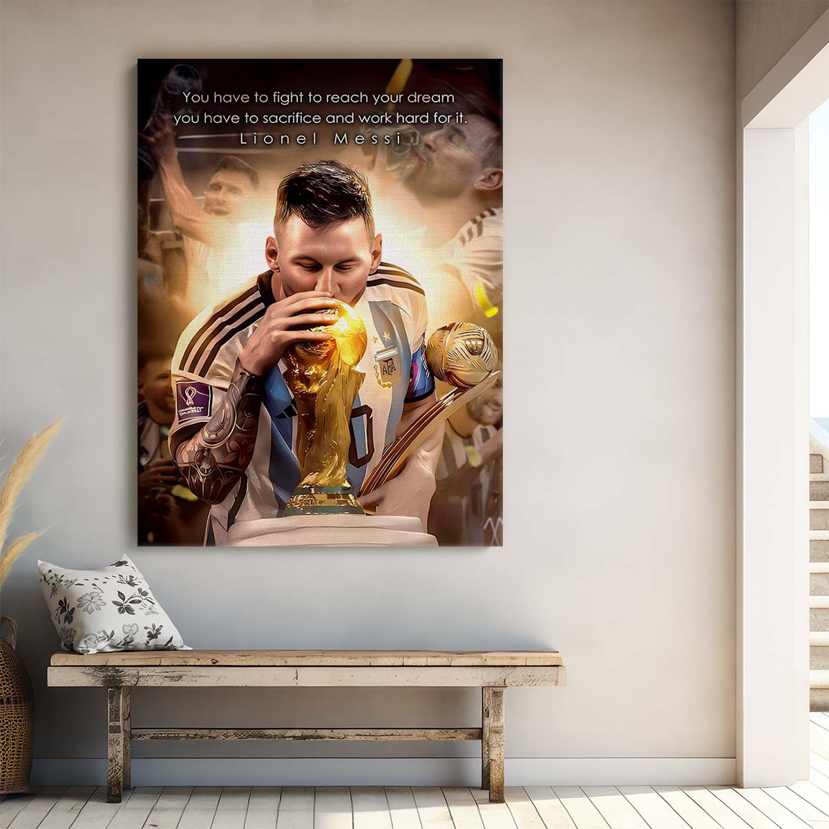 Leo Messi Kissing World Cup Trophy Wall Art by Luxuriance Designs. Made in USA.