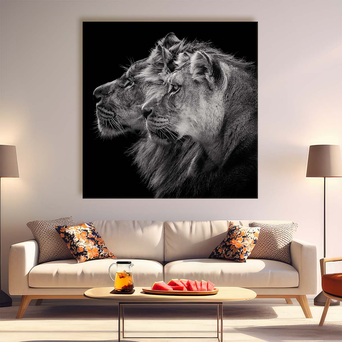 Fierce Love in the Savanna Monochrome Lion Couple Photography Wall Art by Luxuriance Designs. Made in USA.