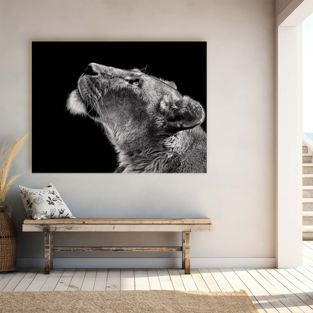 Lioness Profile in Monochrome Dark, Black and White Photography Wall Art