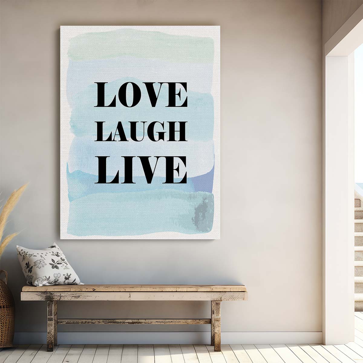 Love, Laugh, Live Inspirational Quote Blue Illustration Wall Art by Luxuriance Designs, made in USA