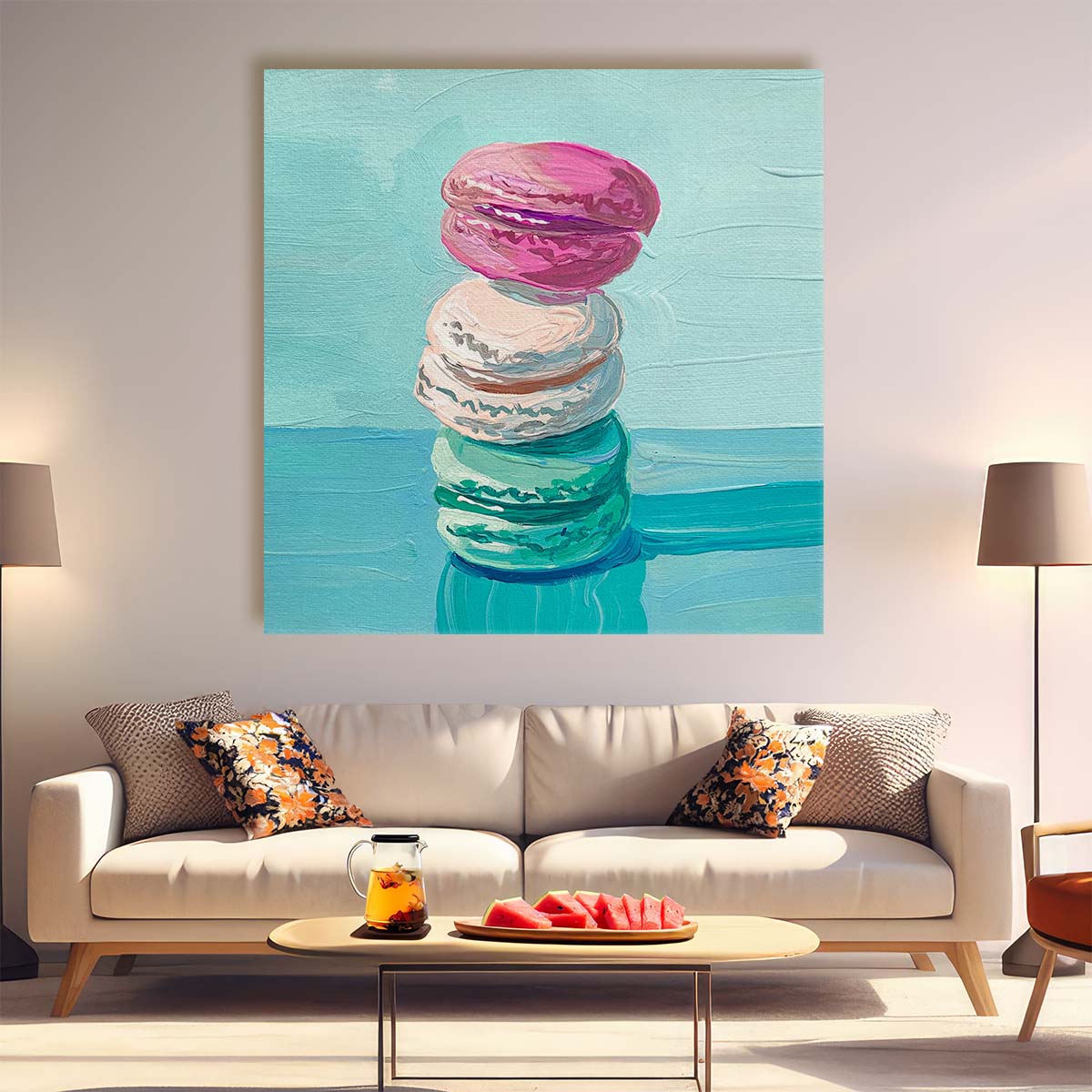 Vibrant Macaron Tower Dessert Illustration for Kitchen Wall Art by Luxuriance Designs. Made in USA.