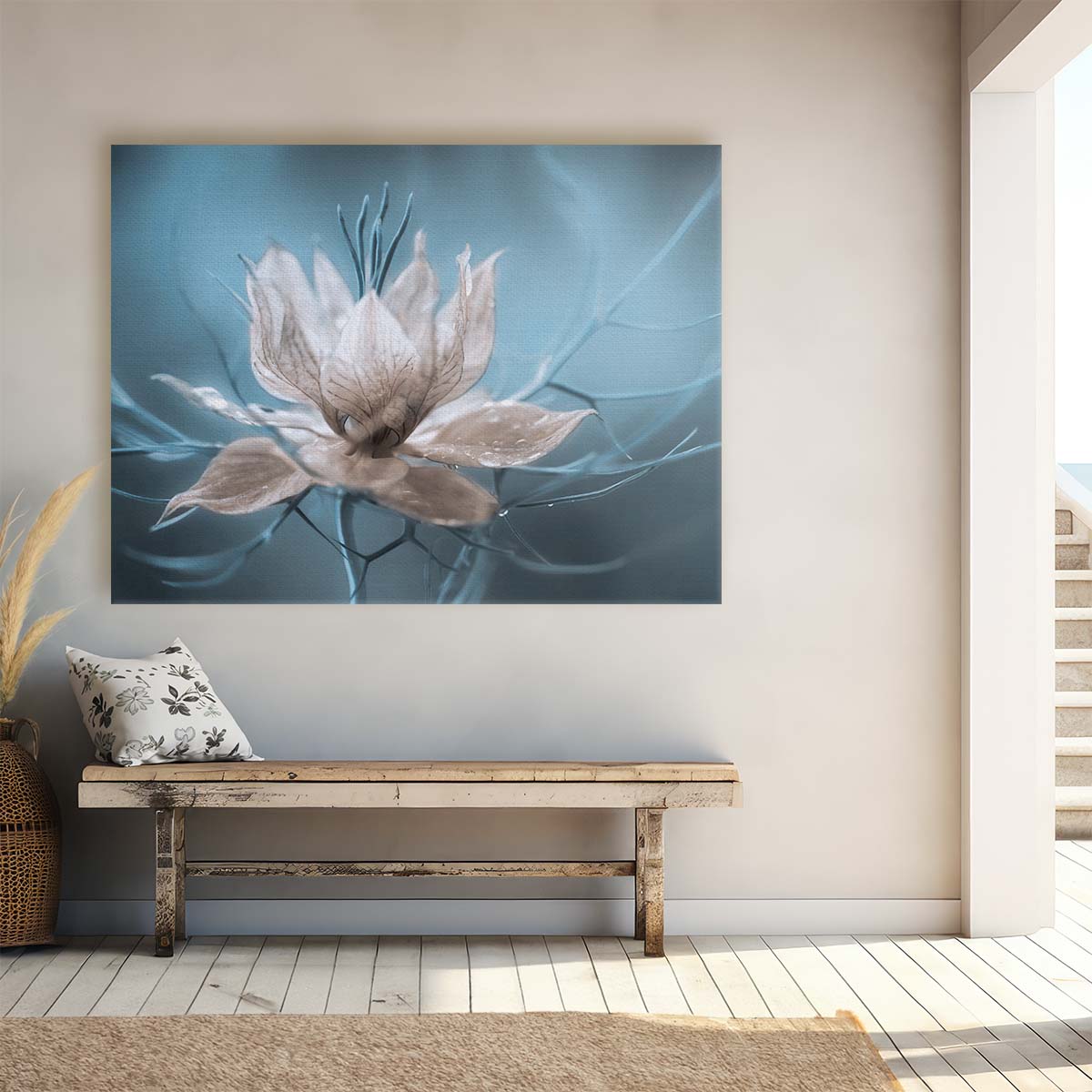 Delicate Blue & White Nigella Floral Macro Wall Art by Luxuriance Designs. Made in USA.