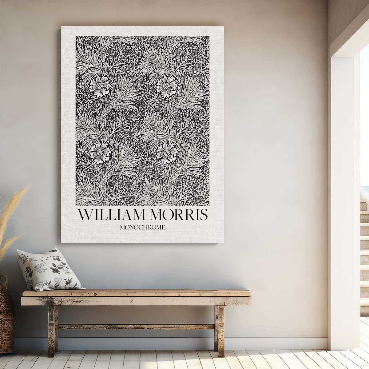 William Morris Marigold Monochrome Illustration, Vintage Floral Typography Poster by Luxuriance Designs, made in USA