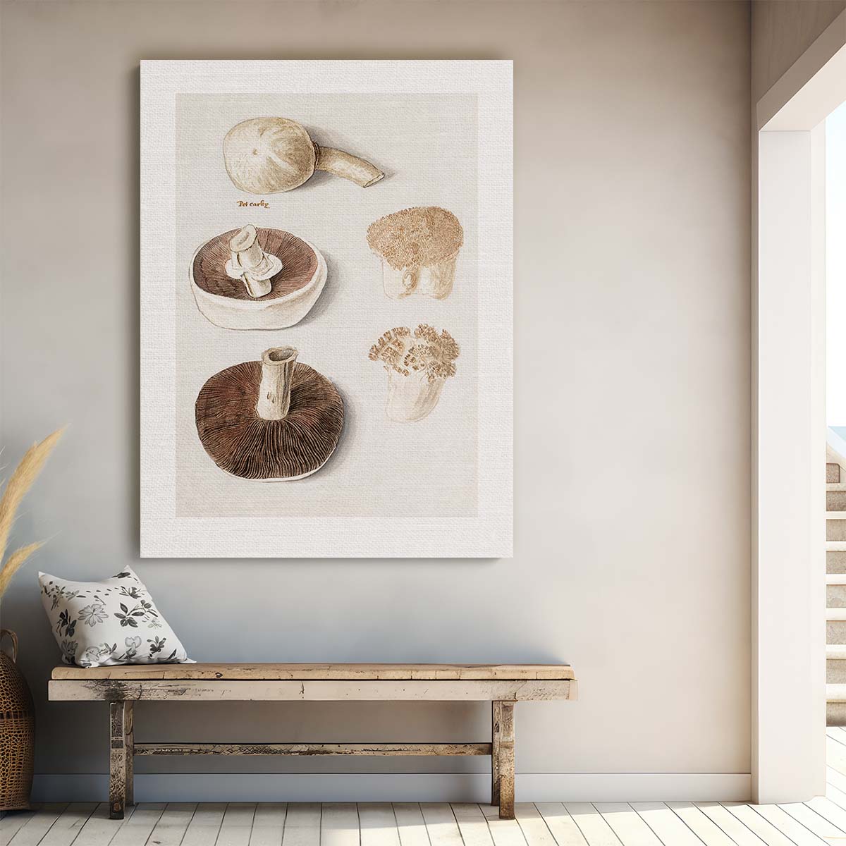 Vintage Botanical Meadow Mushroom Illustration with Gray and Beige Tones by Luxuriance Designs, made in USA