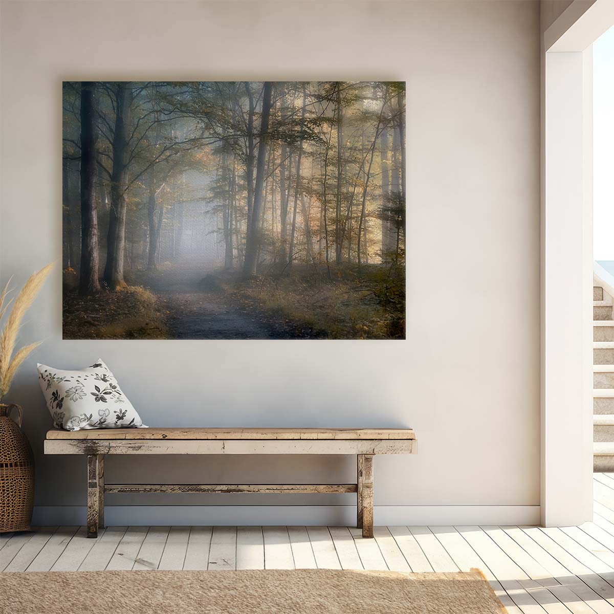 Autumnal Haze Foggy Forest Trail Panoramic Wall Art by Luxuriance Designs. Made in USA.