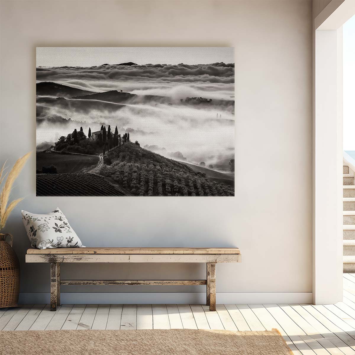 Dreamy Tuscany Morning Fog Landscape Wall Art by Luxuriance Designs. Made in USA.